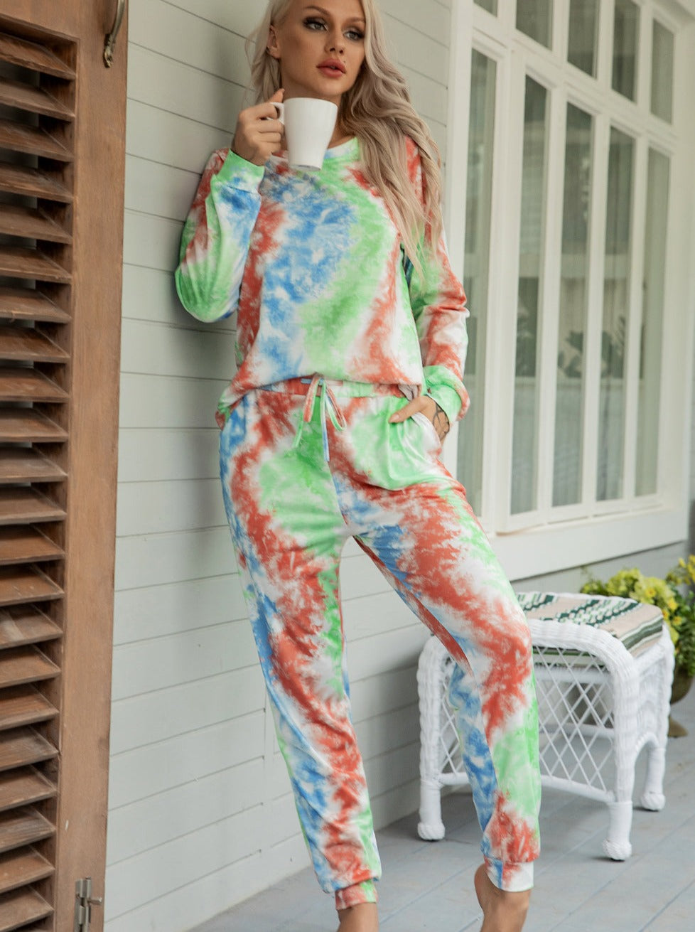 Mathea Women's Two-Piece Sleepwear Tie-Dye Printed Long Casual Set
