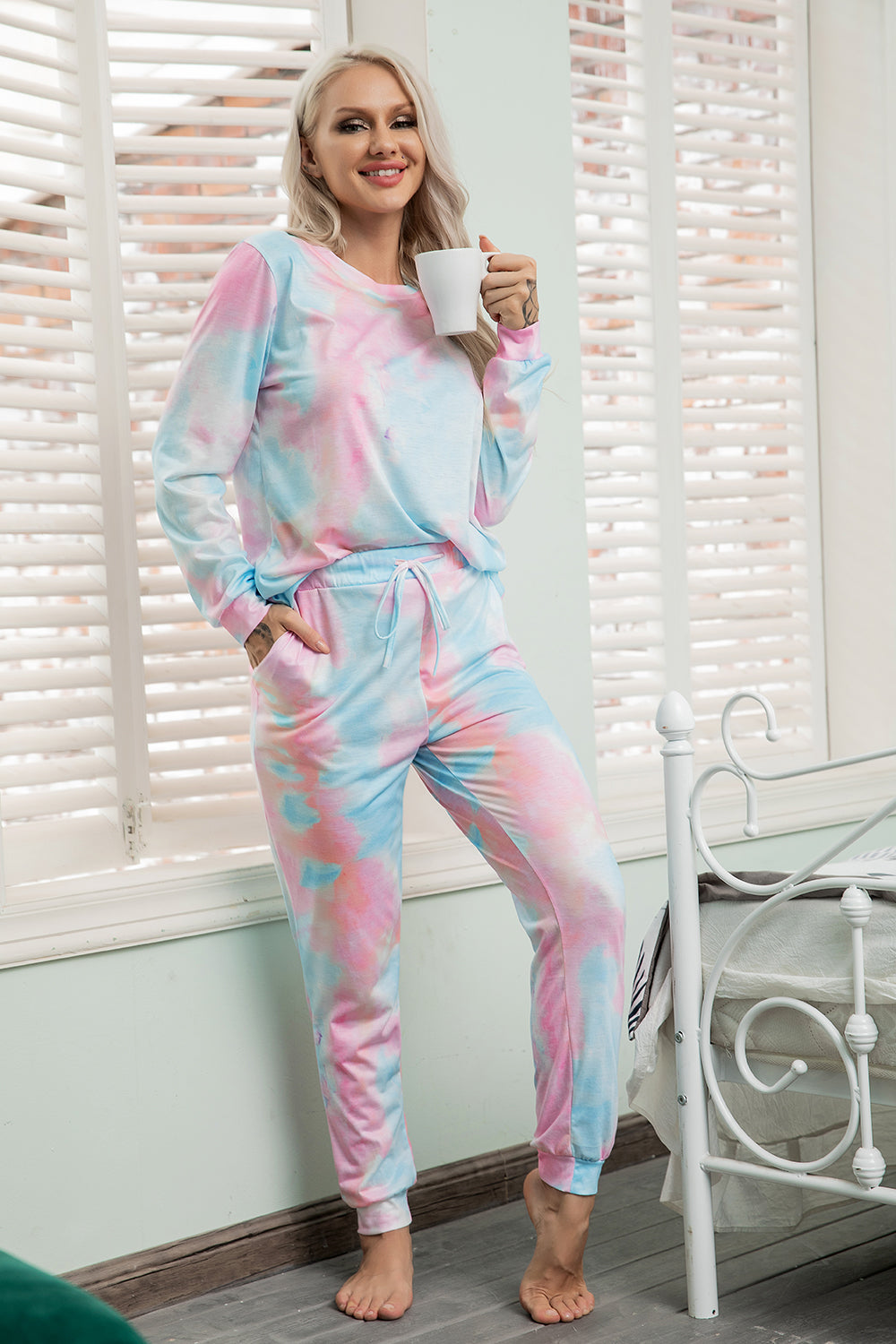 Mathea Women's Two-Piece Sleepwear Tie-Dye Printed Long Casual Set