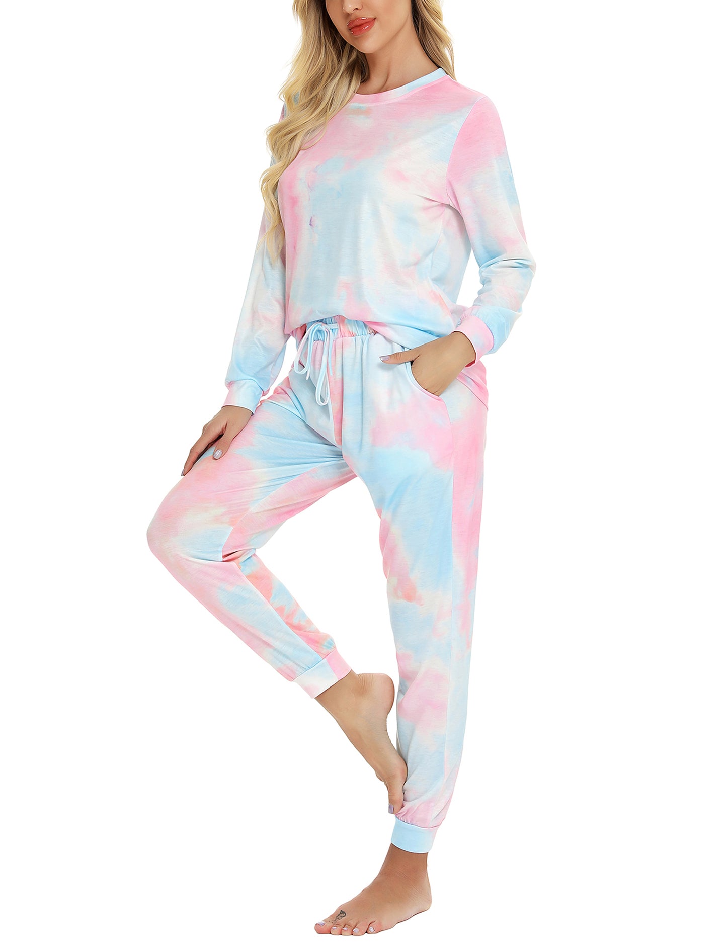 Mathea Women's Two-Piece Sleepwear Tie-Dye Printed Long Casual Set